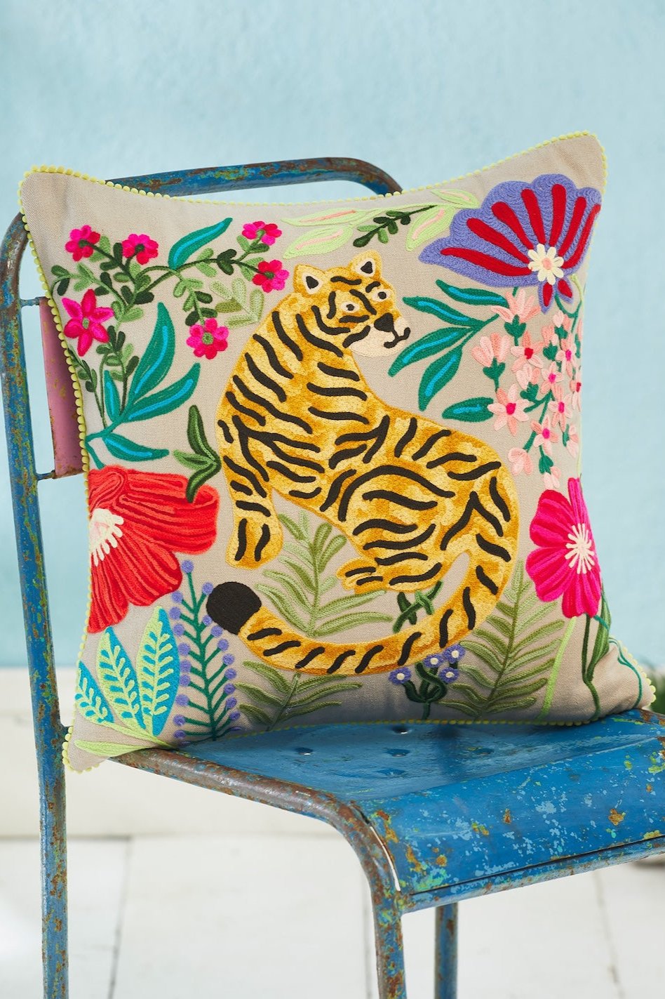 Tiger Embroidered Cotton Cushion Second Nature Online