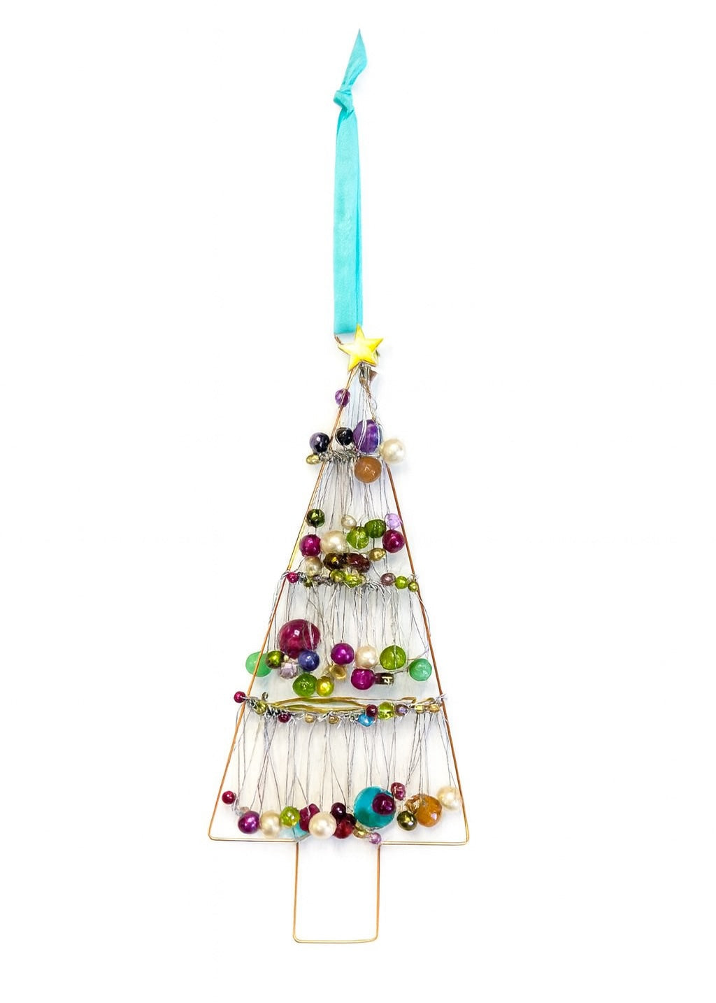 Decorative Christmas tree ornament with colourful beads and a blue ribbon on a white background