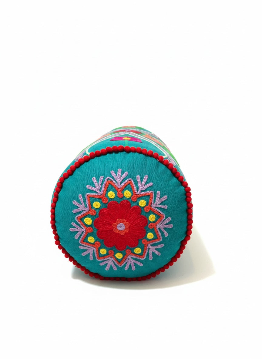 Indian Cotton Embroidered Bolster Cushion Handwoven – Decorative Yoga & Sofa Cushion (52 x 15 cm) - 4 Colours
