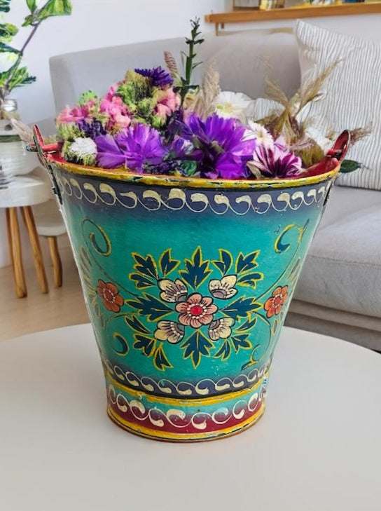 Vintage Iron Hand Painted Turquoise Ethical Floral Design Bucket