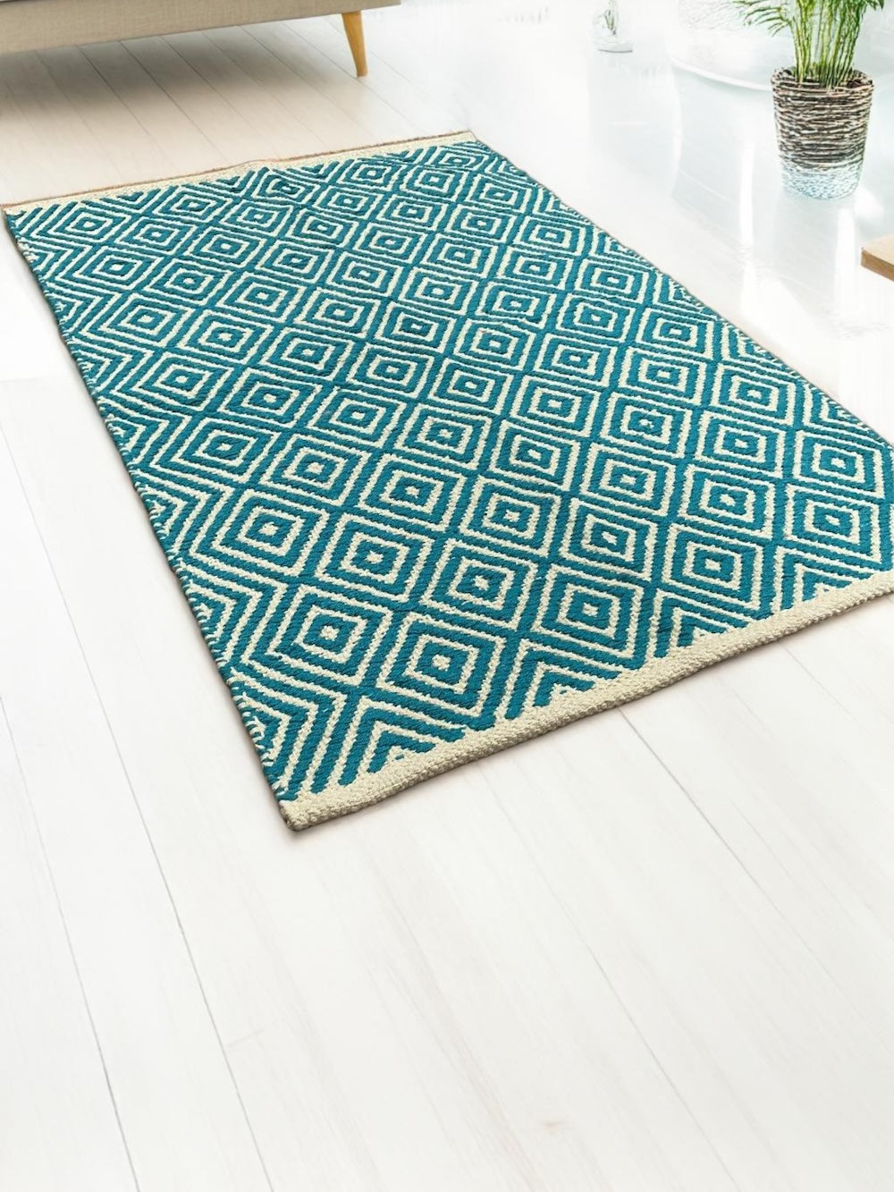 Turquoise Diamond Weave Cotton Hand Loomed Rug 60 cm x 90 cm