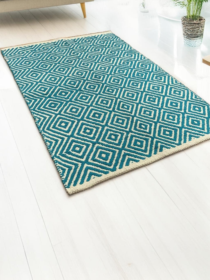 Turquoise Diamond Weave Cotton Hand Loomed Rug 60 cm x 90 cm