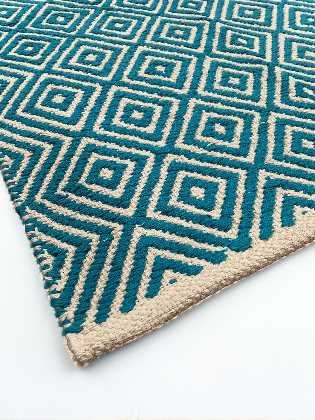 Turquoise Diamond Weave Cotton Hand Loomed Rug 60 cm x 90 cm