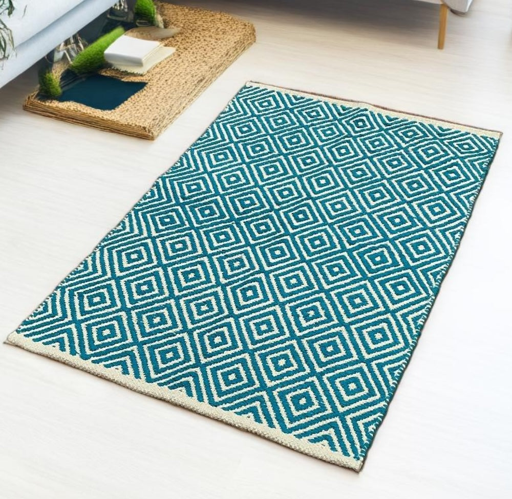 Turquoise Diamond Weave Cotton Hand Loomed Rug 60 cm x 90 cm