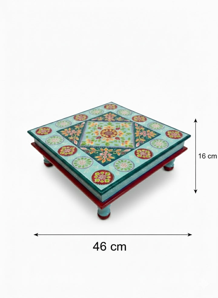 Decorative table with floral patterns and measurements on a white background