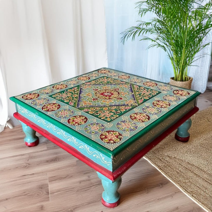 Hand Painted Turquoise Wooden Bajot Coffee Side Table