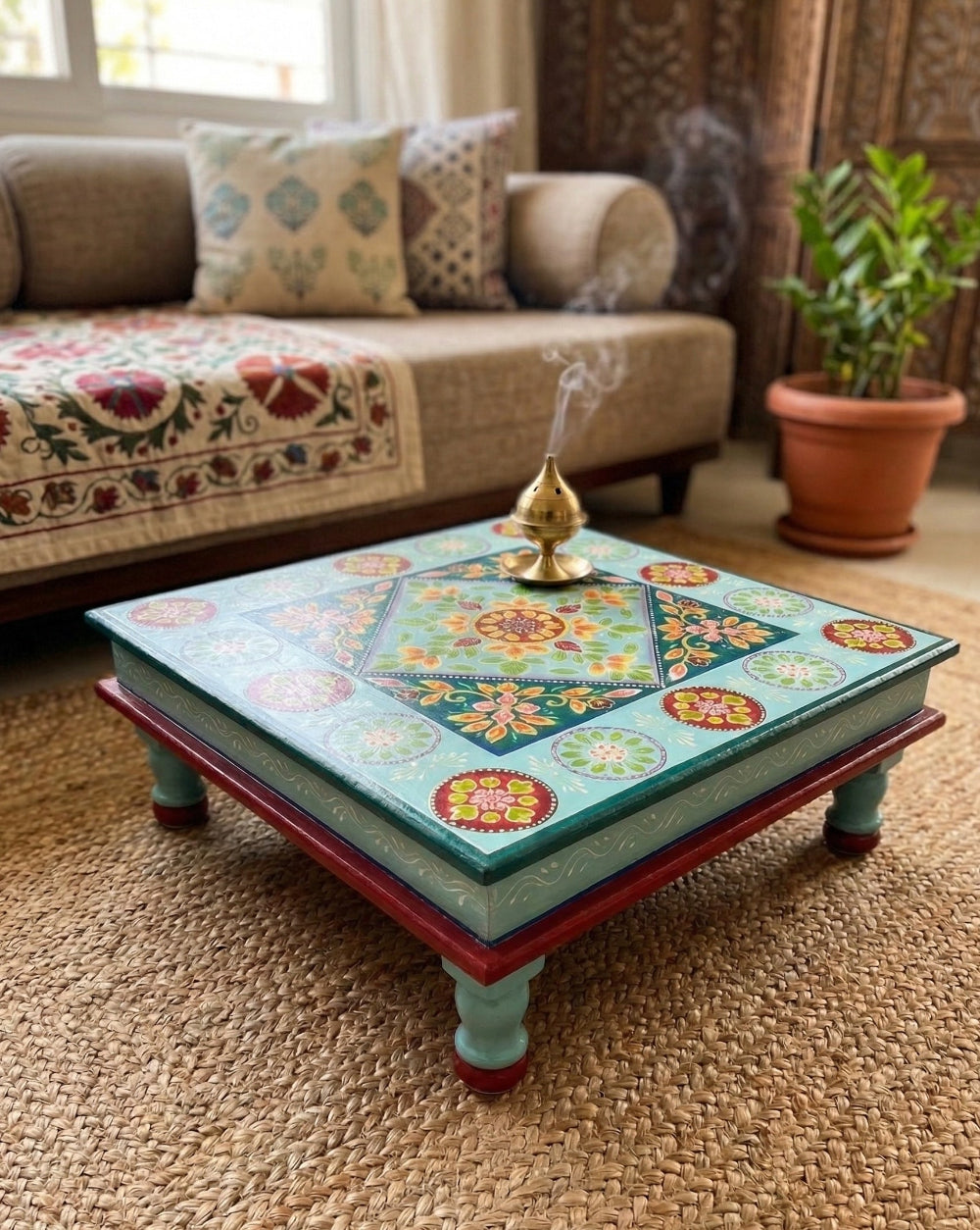 Indian Turquoise Wooden Bajot Table