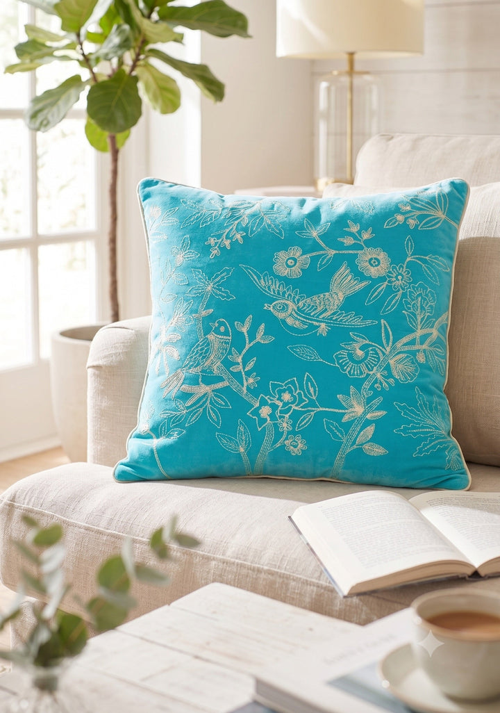 Turquoise pillow with floral and bird pattern on a beige sofa in a bright living room.