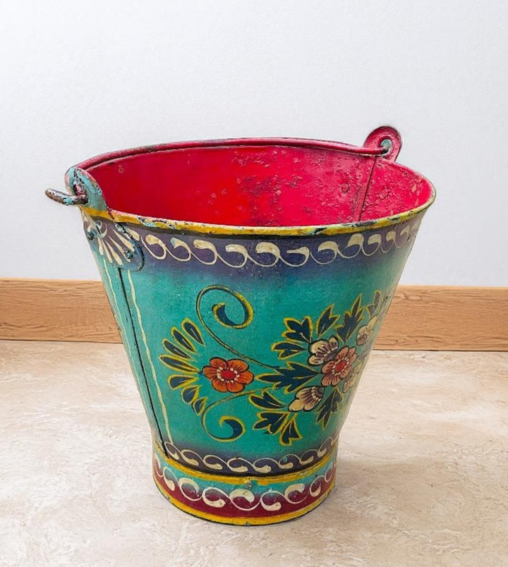 Vintage Iron Hand Painted Turquoise Ethical Floral Design Bucket