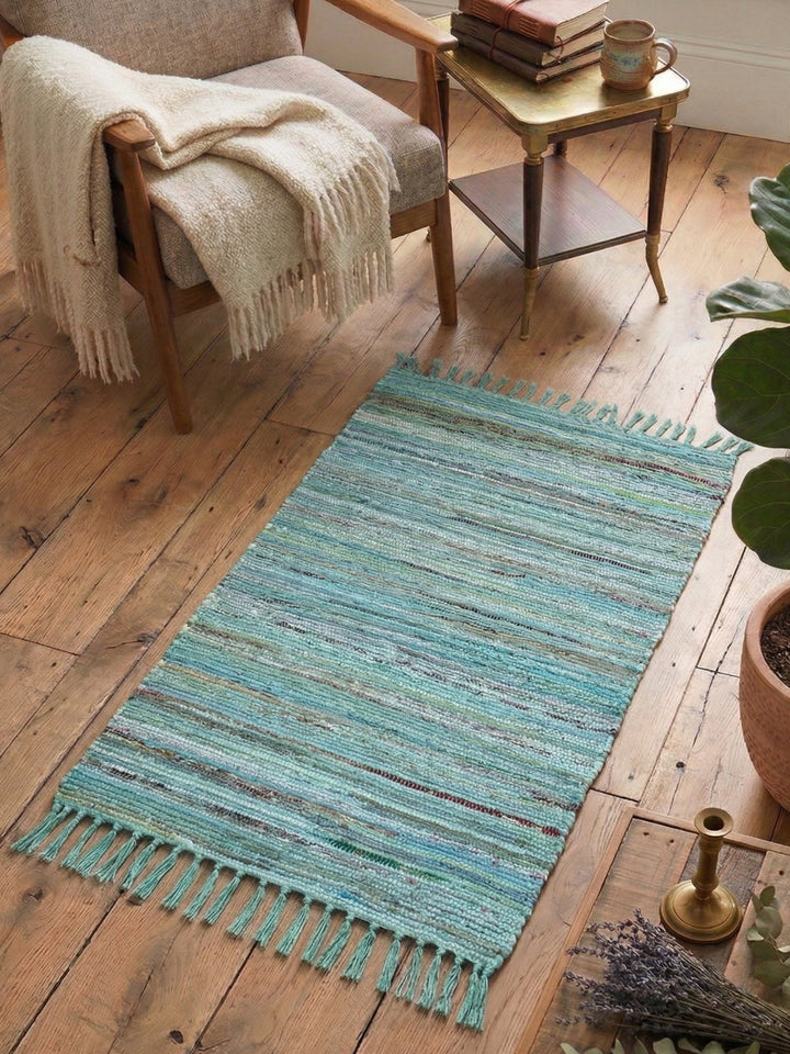 Turquoise Recycled Rag Rug In a Living Room