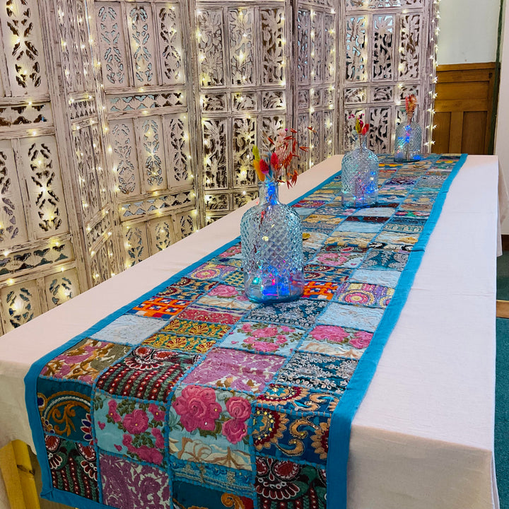 Long Table Runner Indian Turquoise Multi Colour Cotton Recycled Patchwork Embroidered Wall Hanging 50 cm x 300 cm
