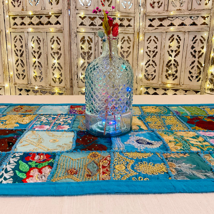 Long Table Runner Indian Turquoise Multi Colour Cotton Recycled Patchwork Embroidered Wall Hanging 50 cm x 300 cm