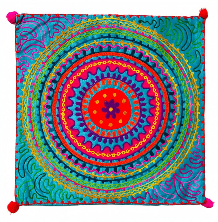 Turquoise Boho Pom Pom Cushion Cover - Second Nature Online