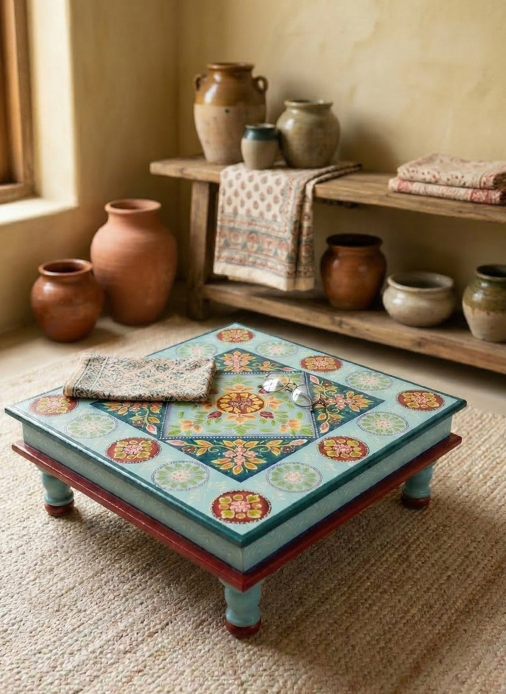 Decorative coffee table with colourful patterns in a room with wooden shelves and pots.