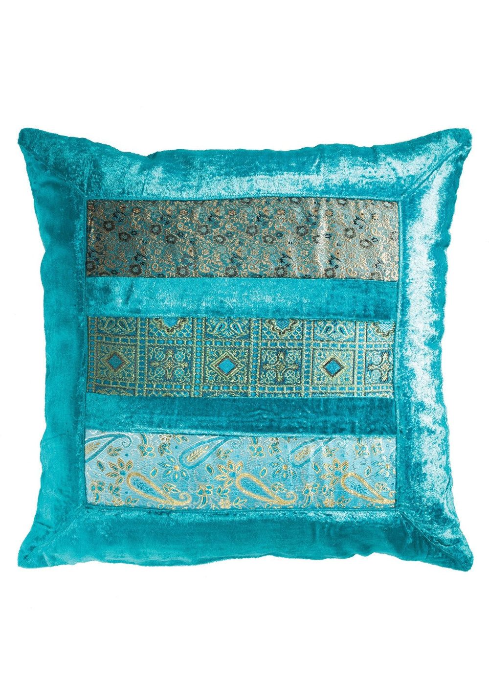 Turquoise decorative pillow with intricate patterns on a white background