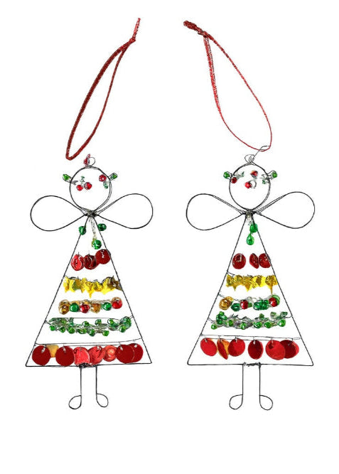 Two angel-shaped Christmas ornaments with colourful beads and sequins on a white background