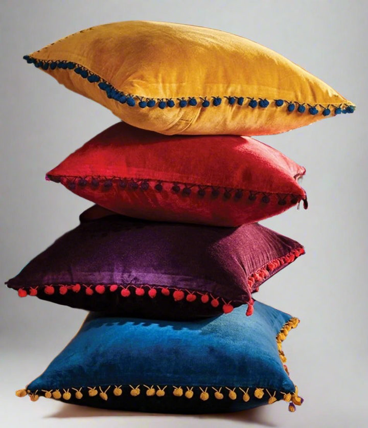 Cotton Velvet Cushion Covers With Pom Pom's 45 cm x 45 cm available In 4 Colours