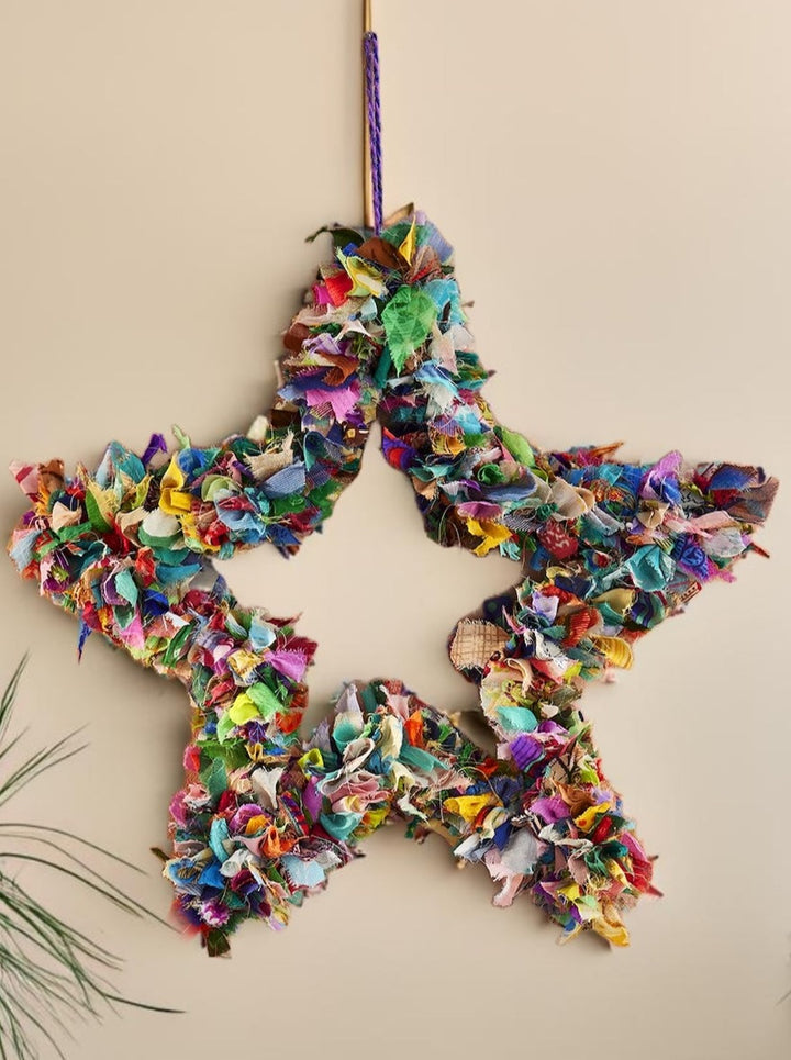 Recycled Sari Multi Colour Hanging Star 38 cm x 6 cm