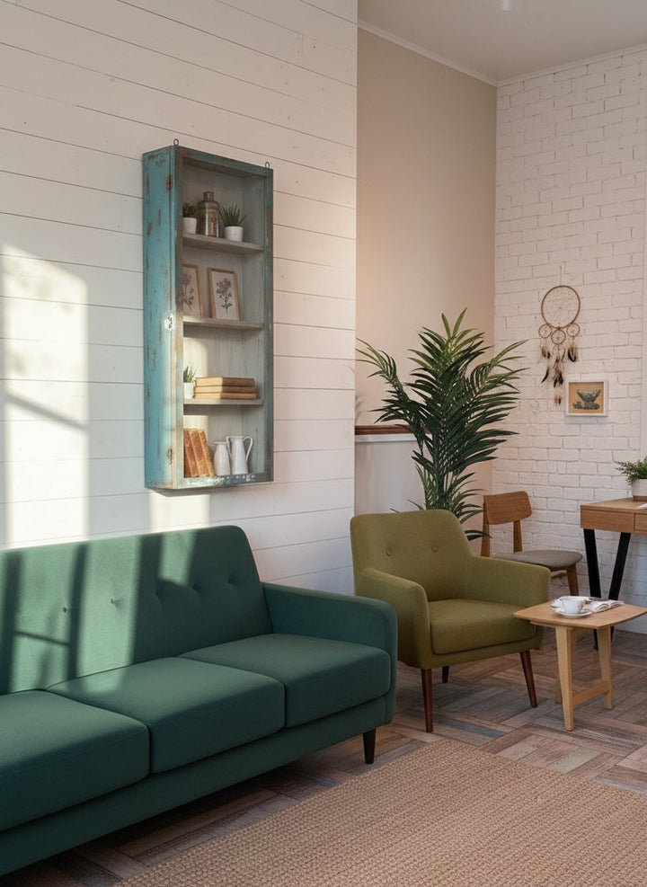 Modern living room with green sofa, wooden coffee table, and decorative elements. Wall Display Unit hanging on the wall.