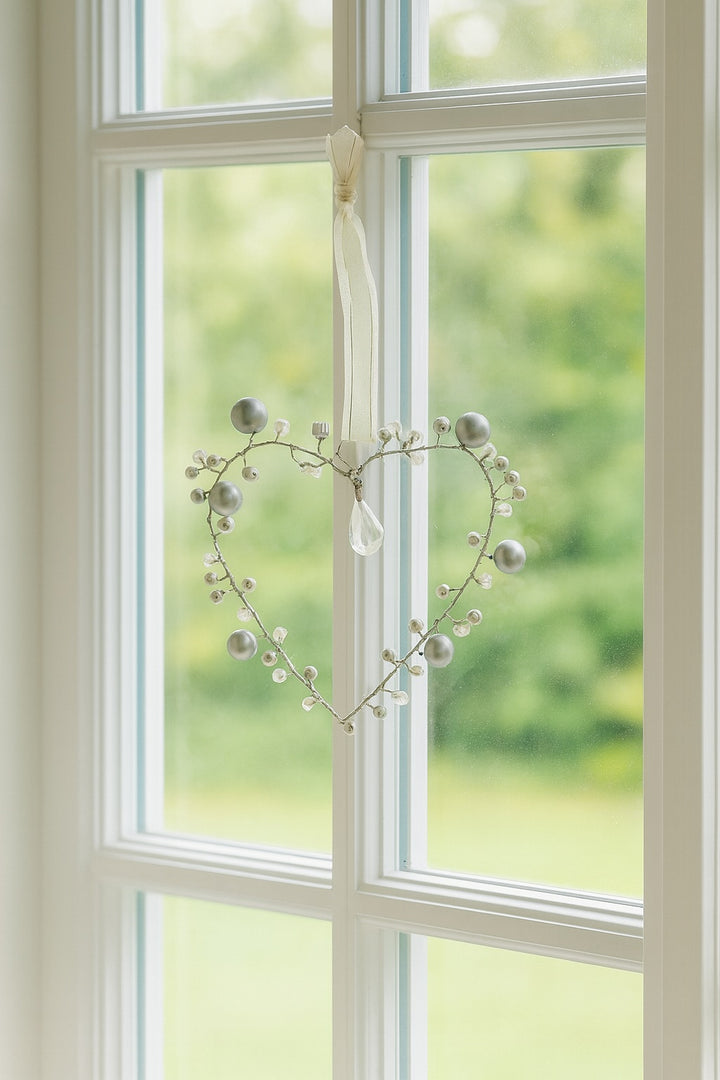 Heart-shaped decorative wreath with pearls hanging on a window