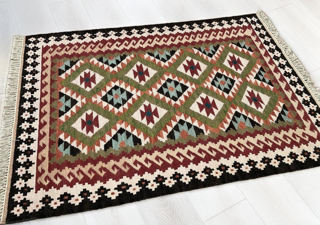 Kilim Multi Colour Rug Black Green Multi Colours Handwoven Wool and Cotton 120 cm x 180 cm