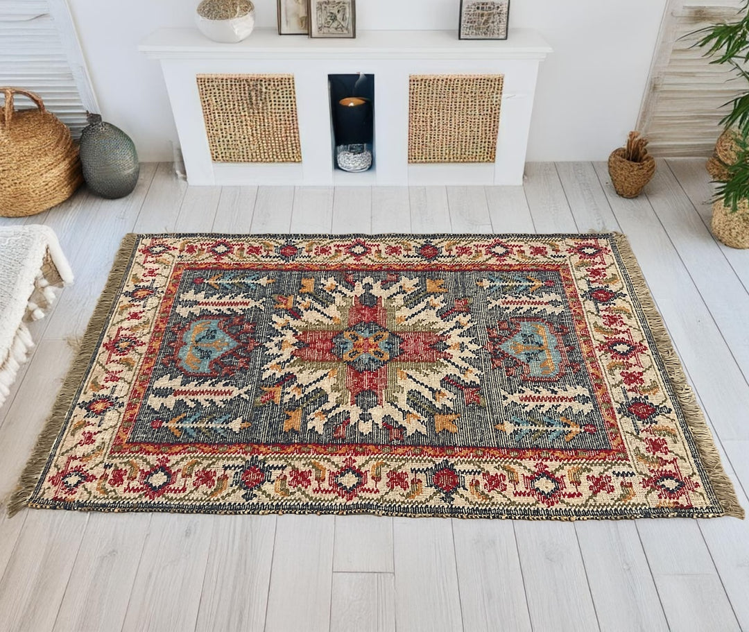 Natural Rug Jute Cotton Geometric Kilim in Multi Colour Red Blue 120 x 190 cm