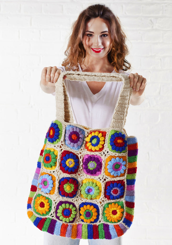 Wool Crochet Rainbow Cream Bag 46 cm x 44 cm