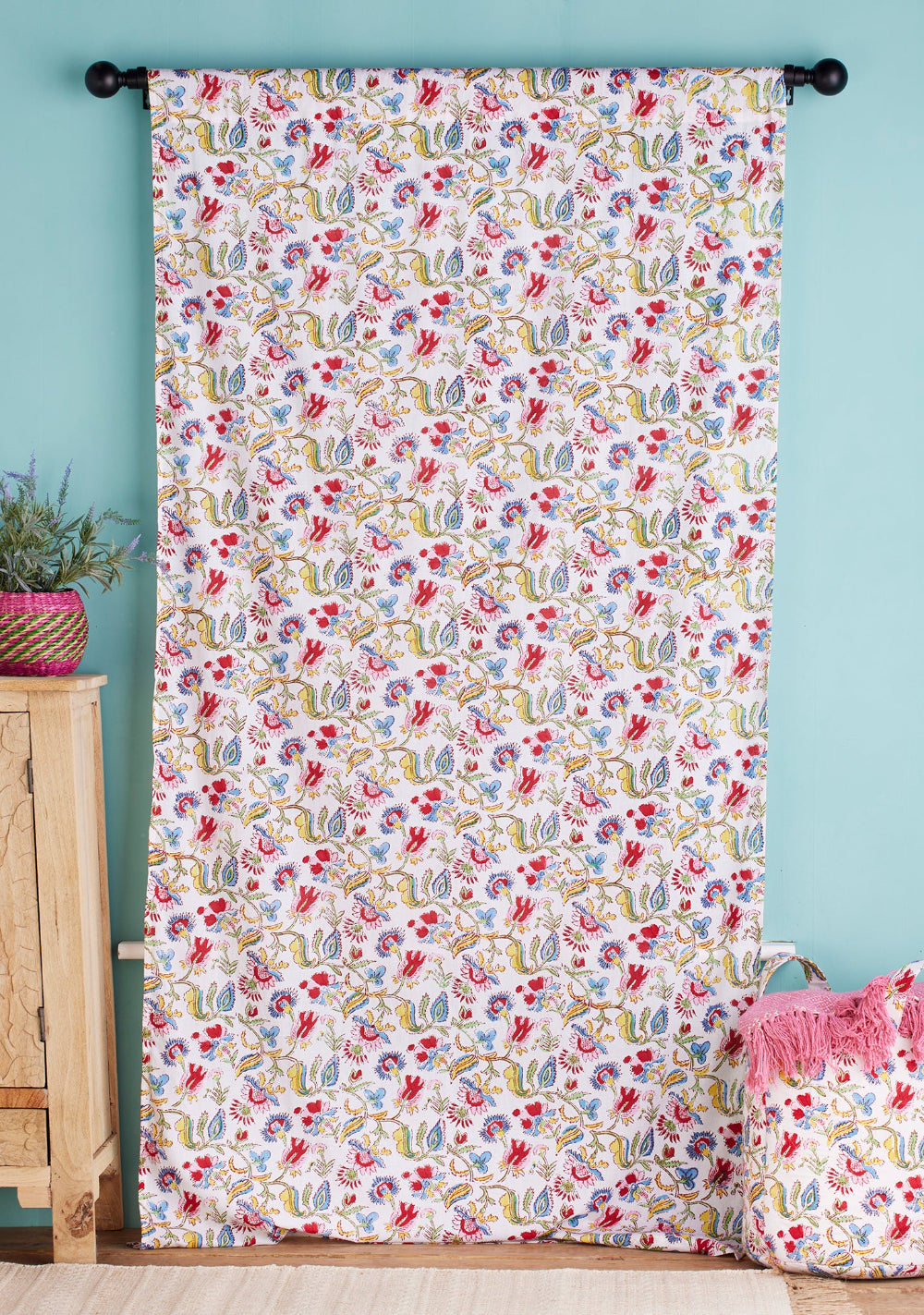 White Multi Colour Flower Floral Cotton Curtain Panel - Second Nature Online