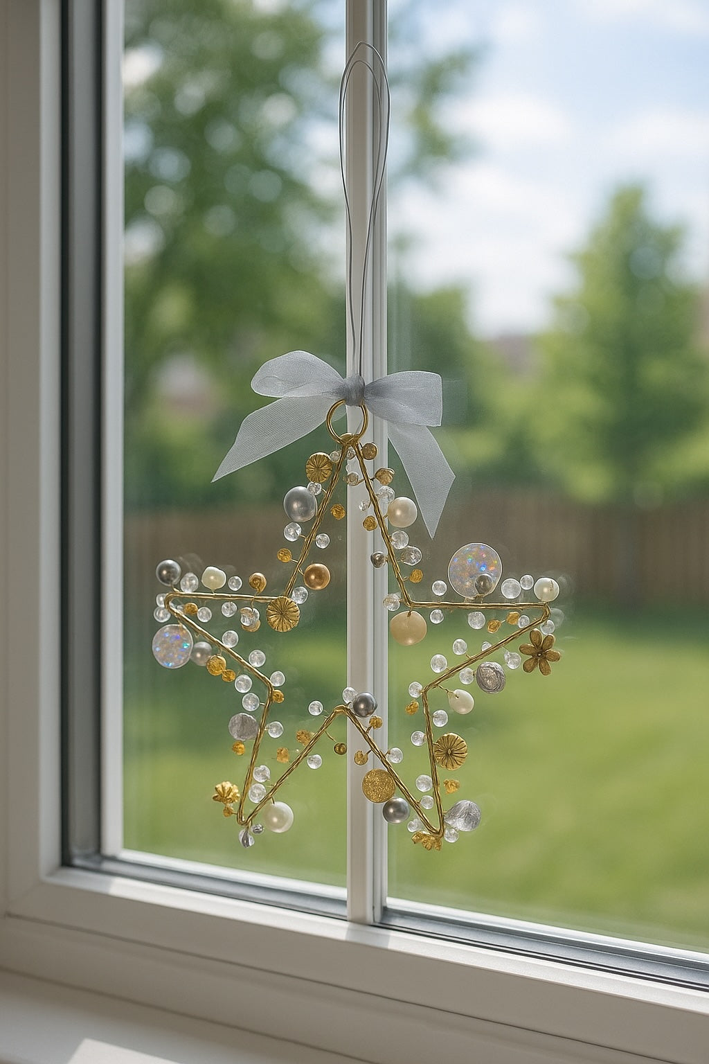 Decorative star-shaped ornament with pearls and a bow hanging on a window