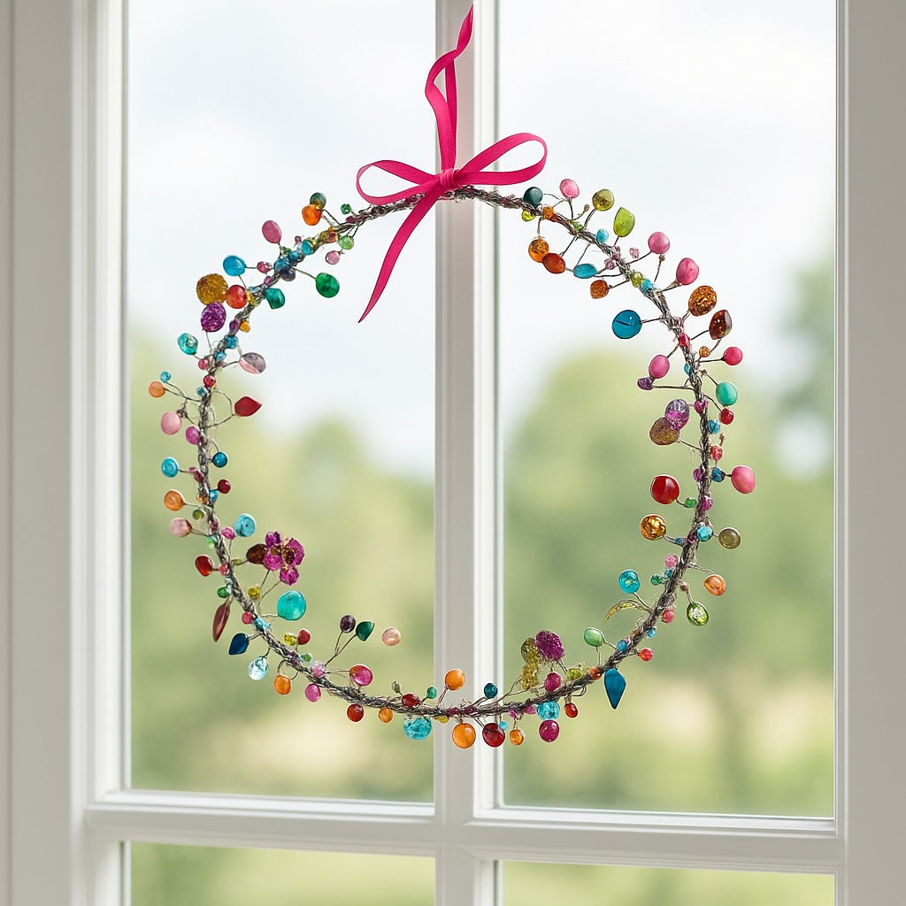 Decorative wreath with colorful beads and a pink ribbon hanging on a window.