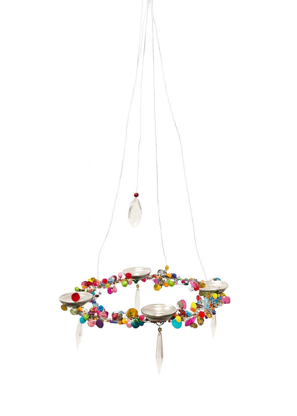 Decorative hanging Chandelier with colourful beads and a small crystal on a white background