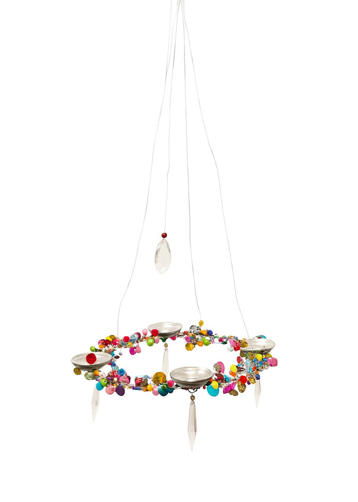 Decorative hanging Chandelier with colourful beads and a small crystal on a white background