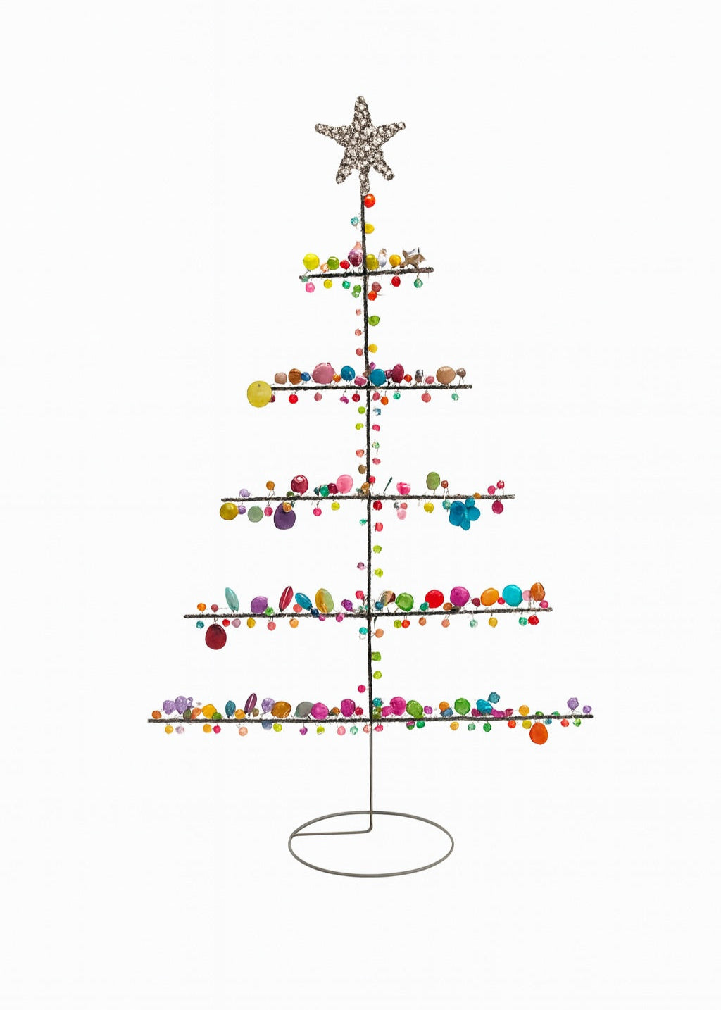 Decorative Christmas tree with colourful beads and a star on a white background