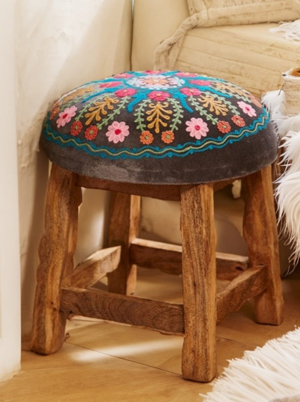 Wooden Indian Embroidered Flower Stool Second Nature Online