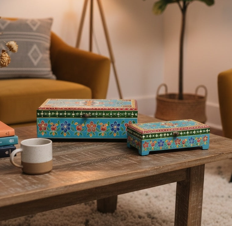 Decorative boxes with floral patterns on a wooden table in a cosy living room.