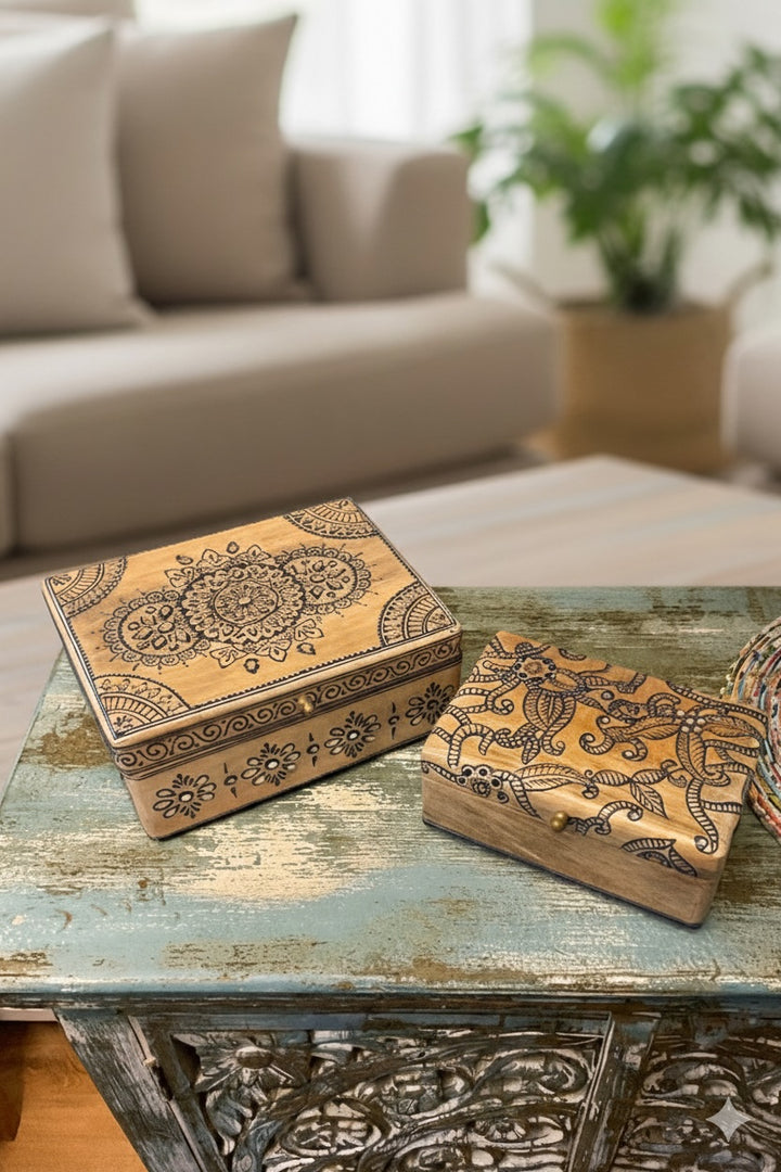 Hand-Painted Indian Mango Wood Jewellery & Keepsake Boxes - Set of 2 (Natural and Blue Ethnic Design)