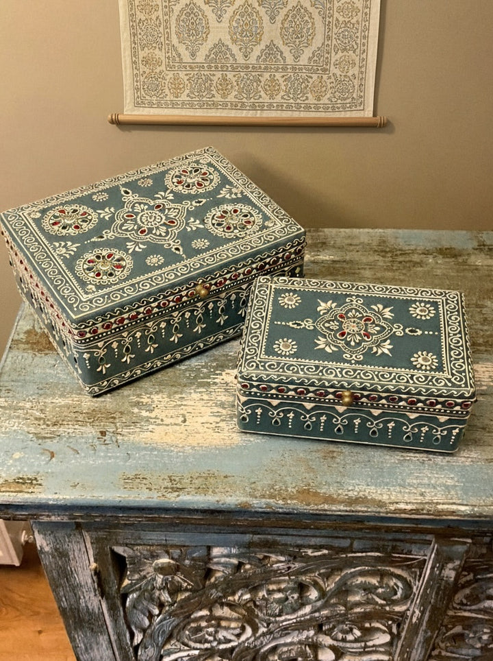 Hand-Painted Indian Mango Wood Jewellery & Keepsake Boxes - Set of 2 (Blue Bohemian)