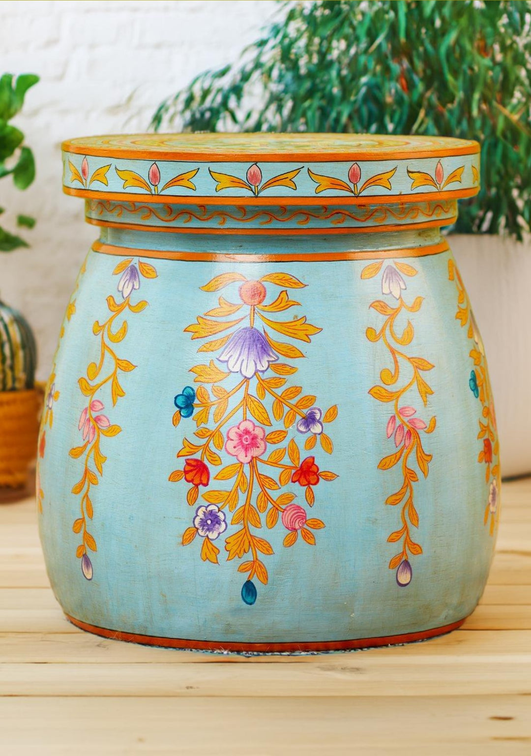 Blue Floral Indian Hand Painted Side Table Or Stool