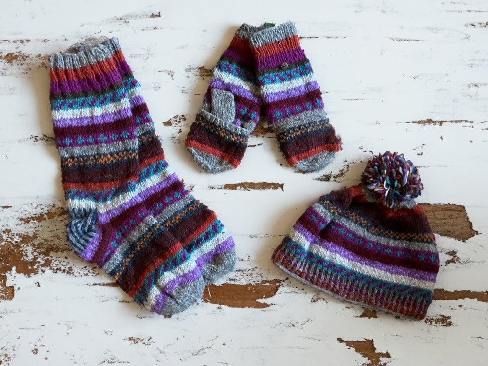 Woollen Gloves Hat and Socks Set Pink Purple and Grey