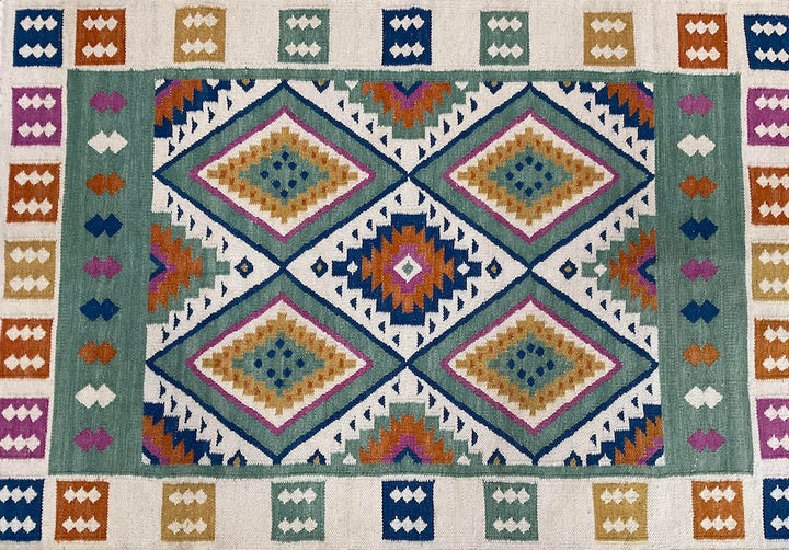 Green Blue Multi Colour Kilim Rug Handwoven Wool and Cotton with Geometric Design