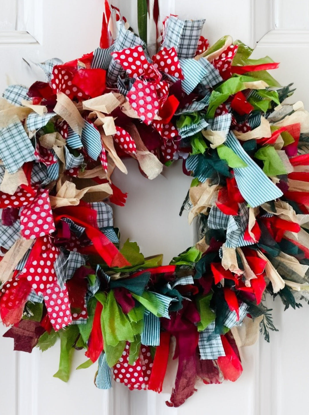 Christmas Wreath Hand Made with Festive Fabric of Red and Green - Round 30cm Diameter