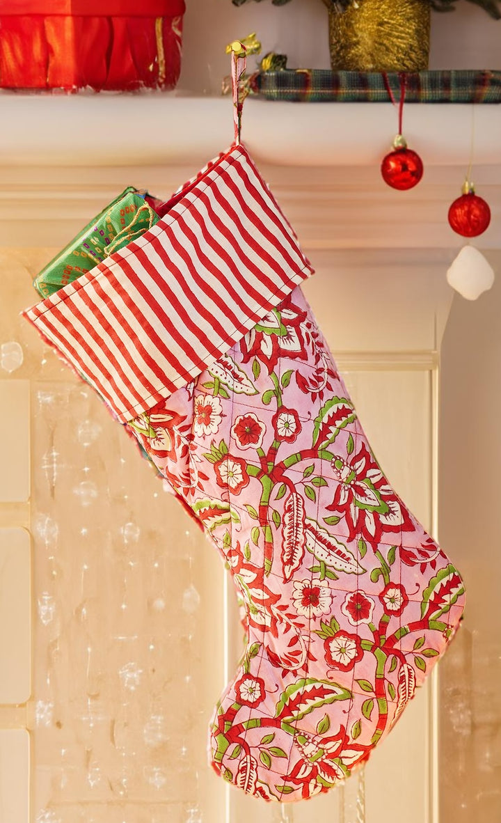 Pink Floral Block Print Christmas Stocking Xmas Decoration