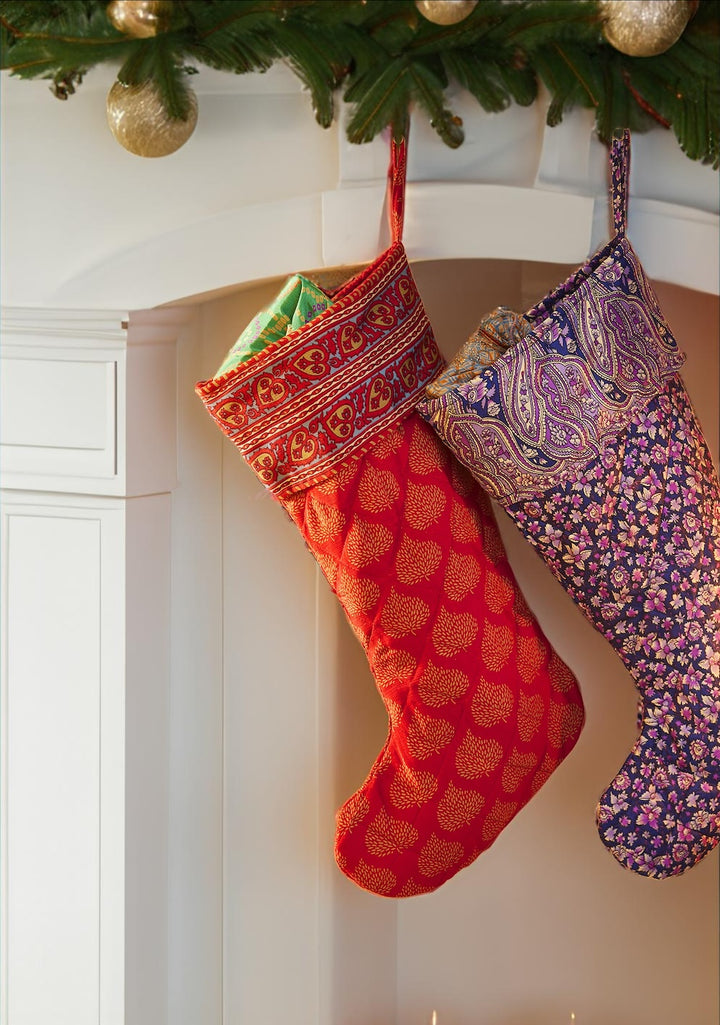 Recycled Sari Christmas Stocking Bright Colourful Xmas Decoration