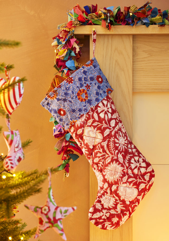 Red White Floral Block Print Christmas Stocking Xmas Decoration