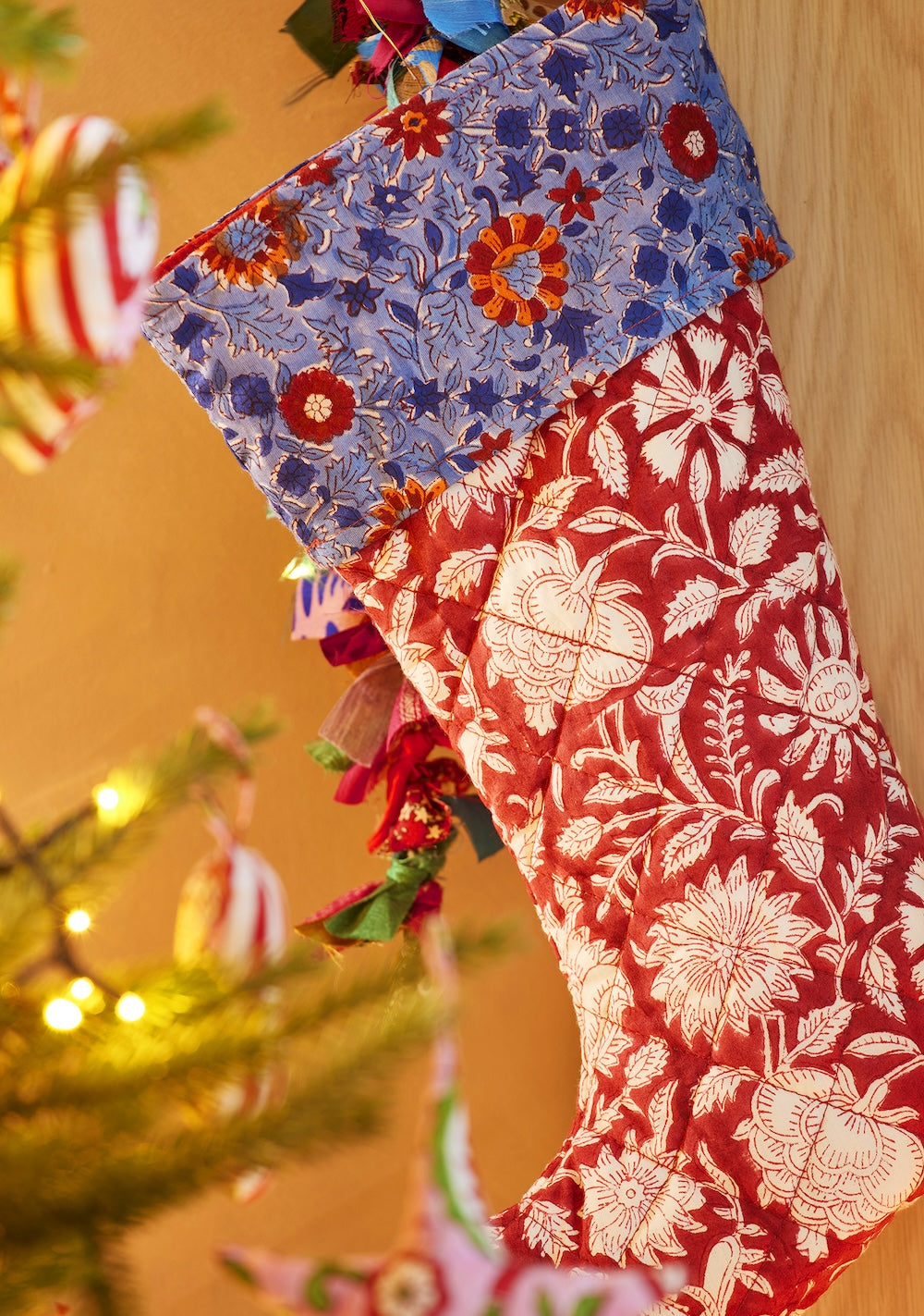 Red White Floral Block Print Christmas Stocking Xmas Decoration