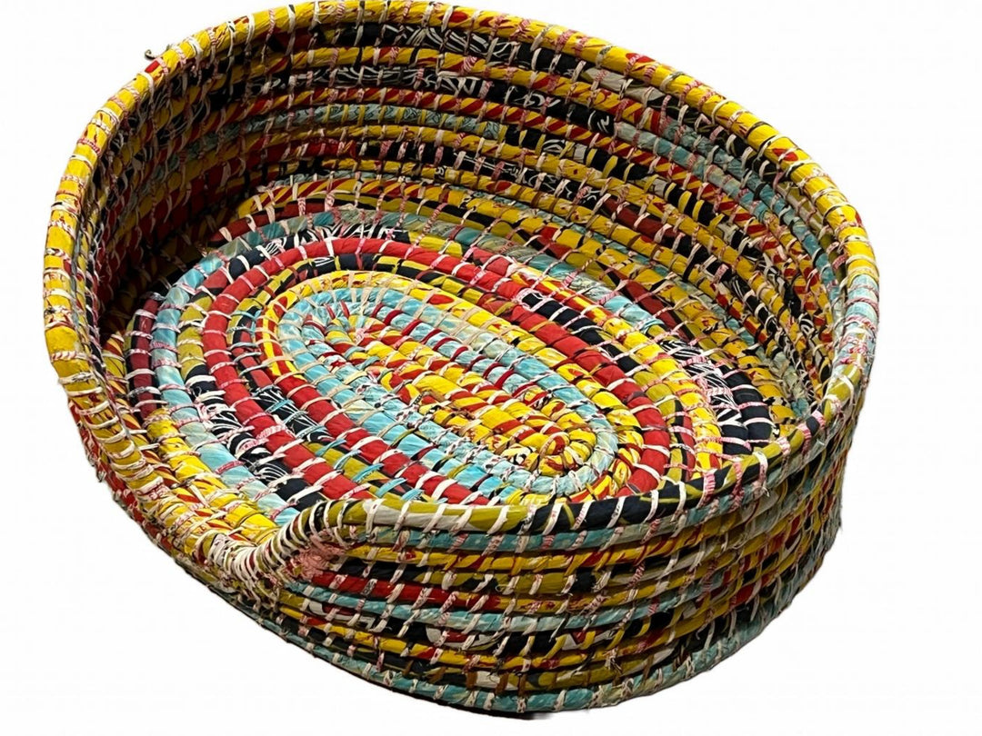 Multi Colour Large Dog Basket Made from Braided Recycled Sari and Kaisa Grass