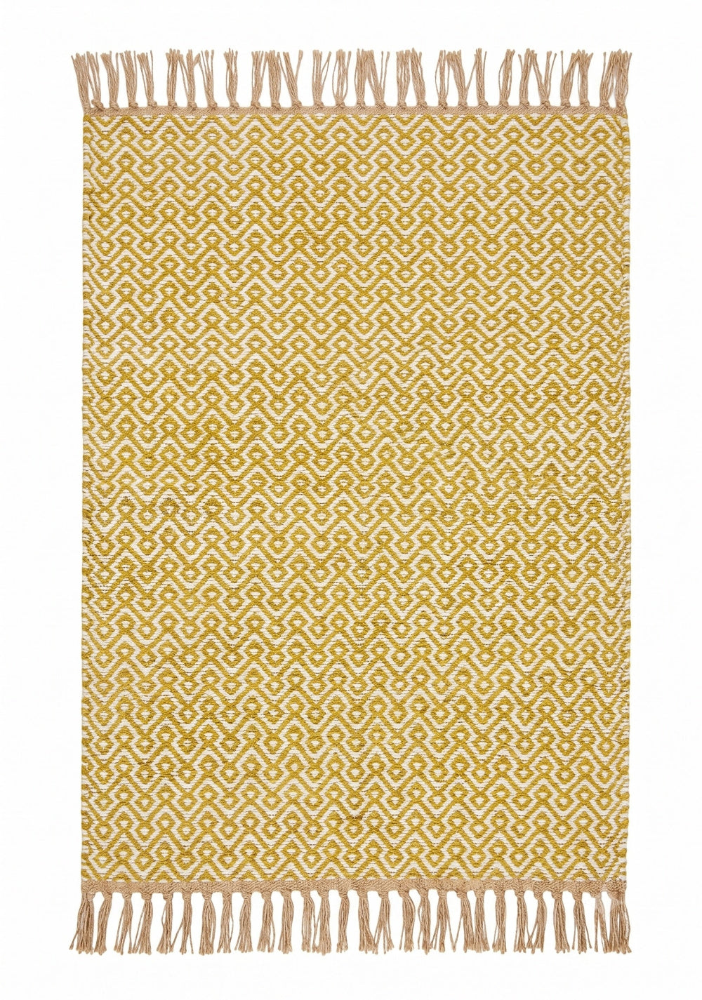 A rectangular woven area rug with a mustard yellow and cream geometric pattern and fringed tassels on the top and bottom edges, shown flat against a white background.