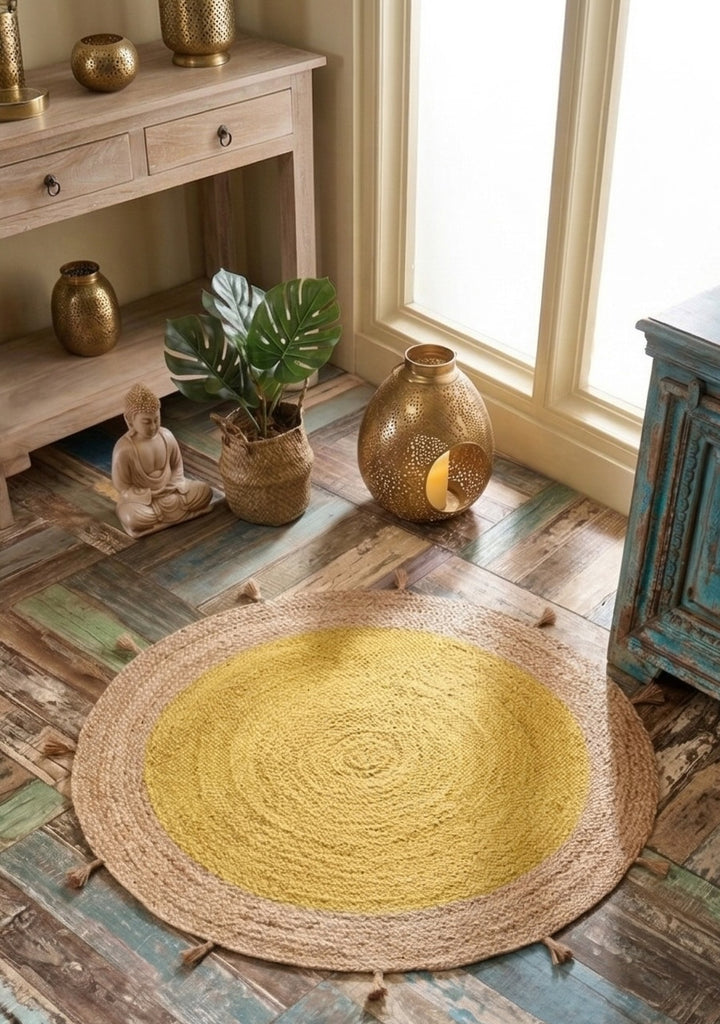 Round jute rug on a wooden floor with decorative items and plants.