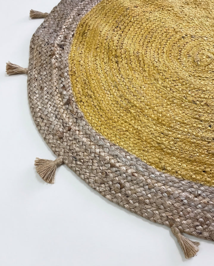 Yellow Gold and Natural Round Jute Rug Available in 90 cm or 120 cm