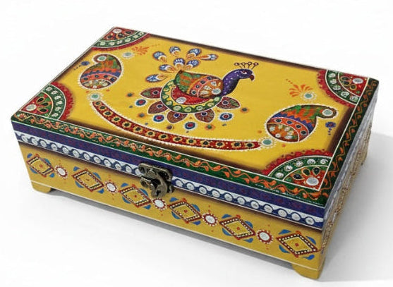 Peacock Yellow and Purple Indian Jewellery Box in a white background